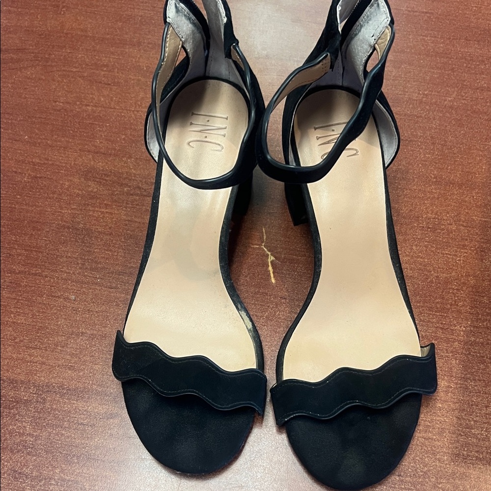 INC International Concepts Black Scalloped Ankle-Strap Block Heels